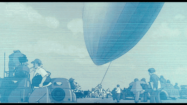 a drawing of a group of people standing around a large airship