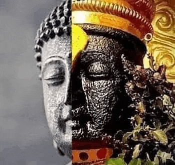 a close up of a statue of a buddha and a close up of a statue of a man .