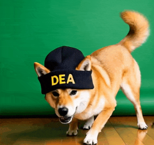 a dog wearing a black hat with dea embroidered on it