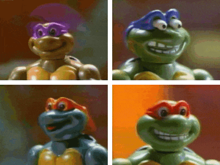 four pictures of teenage mutant ninja turtles smiling and laughing