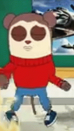 a cartoon bear wearing sunglasses and a red sweater is ice skating on a rink .
