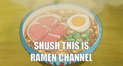 a bowl of ramen with the words " shush this is ramen channel " above it