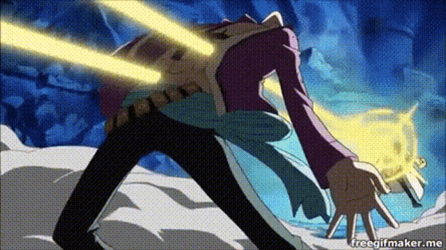 a man in a purple jacket is holding a sword in his hand while walking .
