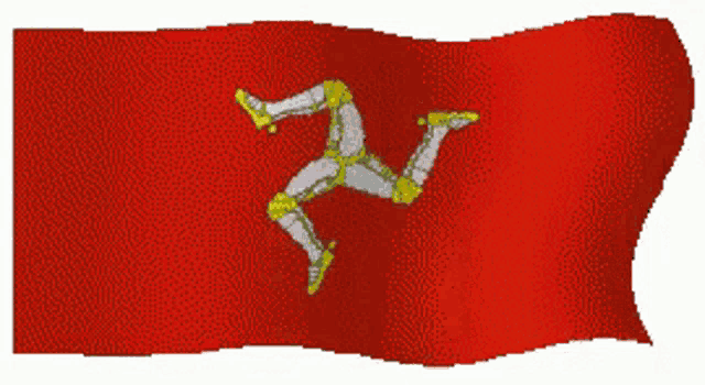 a red flag with a man 's legs and a cross on it