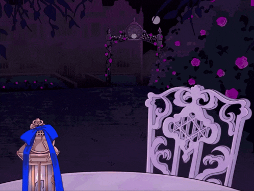 a chair with the letter m on the back sits in front of a girl in a white dress