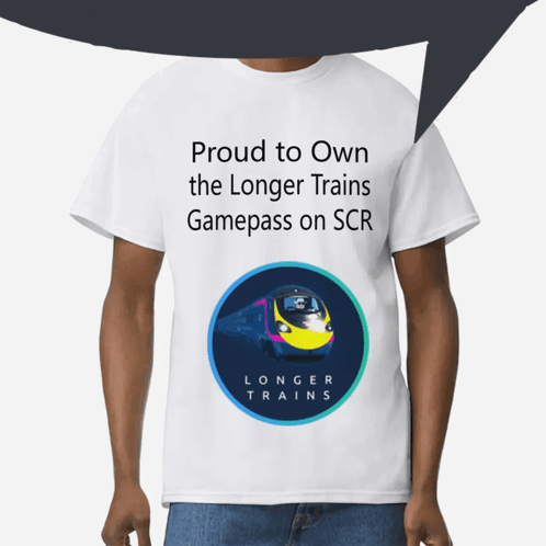 a man is wearing a white t-shirt that says proud to own the longer trains gamepass on scr