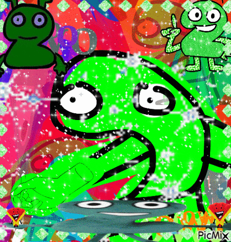 a cartoon drawing of a green monster with a smiley face and the words picmix at the bottom