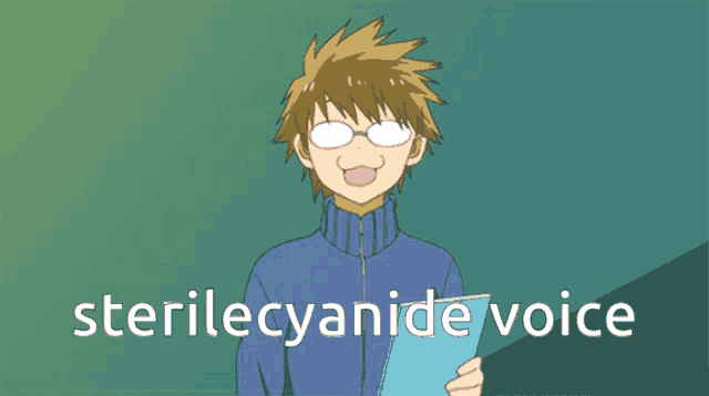 a man with glasses is holding a clipboard with the words sterilecyanide voice below him
