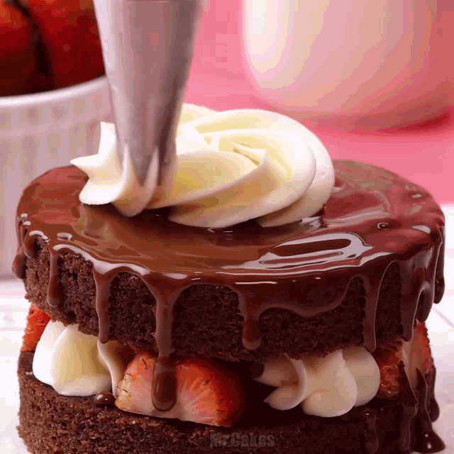 a chocolate cake with strawberries and whipped cream being frosted by mr. bakes