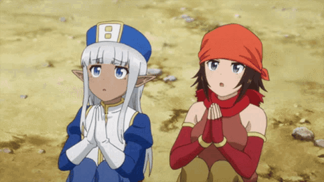 two anime girls are praying with their hands together and one has the letter b on her hat