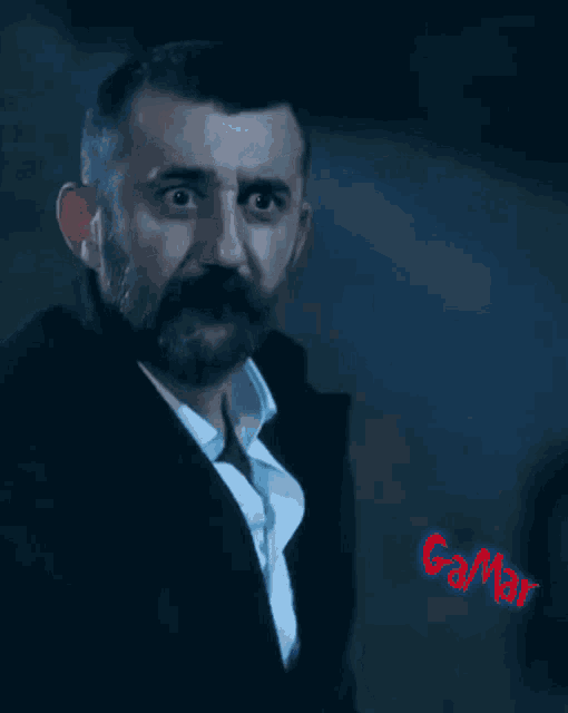 a man with a beard is making a funny face and the word gamar is visible in red