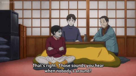 a group of people sitting around a table with one saying that 's right those sounds you hear when nobody is around