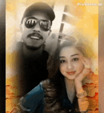 a man and a woman are posing for a picture . the man is wearing sunglasses and the woman is wearing a watch .