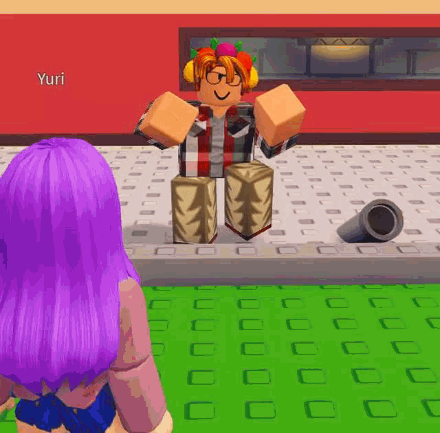 a girl with purple hair is looking at a roblox character