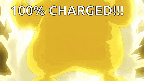 a pikachu with the words 100 % charged written below it