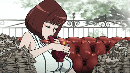 a woman is laying in a pile of money smoking a pipe