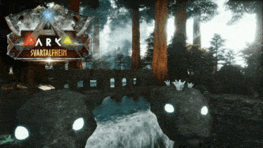 a poster for ark svartalheim shows a waterfall and trees