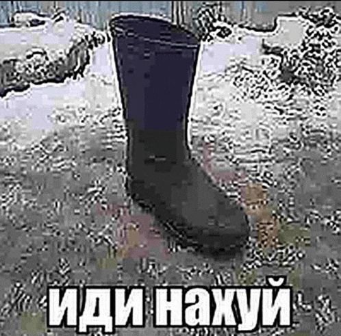a black rubber boot is sitting on top of a snowy field .