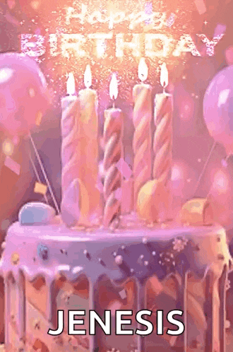a birthday cake with four lit candles and the name jenesis on it