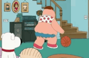 peter griffin from family guy is dancing in a living room with a basketball