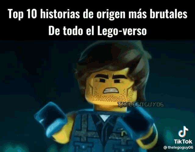 a picture of a lego man with the caption top 10 historias de origen más brutales de todo el lego verso