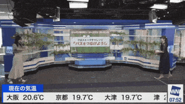 two women are standing in front of a screen that says 19.7 degrees celsius