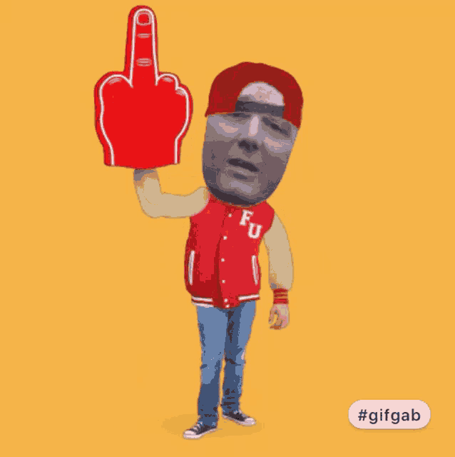 a man wearing a red fu jacket is holding up a middle finger