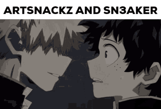 a picture of two anime characters looking at each other with the words artsnackz and sneaker below them
