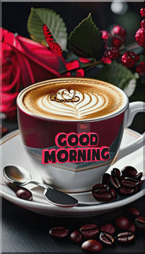 a cup of coffee with the words good morning on the front