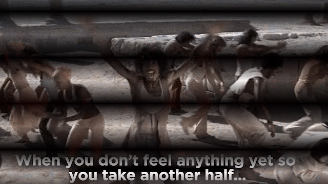 a group of people are dancing with the words " when you don 't feel anything yet so you take another half " below them