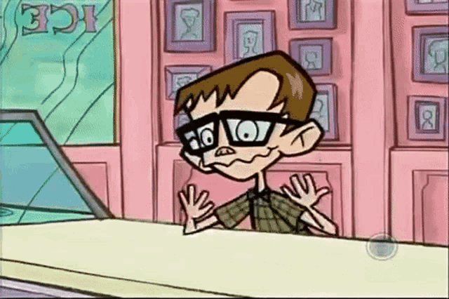 a cartoon character is standing in front of an ice cream shop