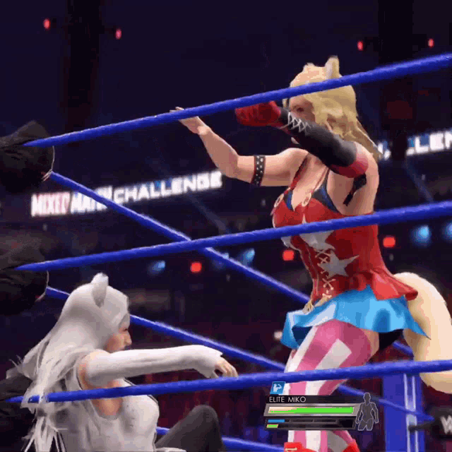 a woman in a red white and blue outfit is in a wrestling ring with the word challenge behind her