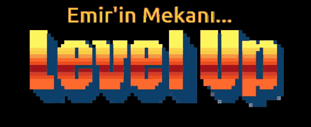the word level up is displayed in a pixel art style