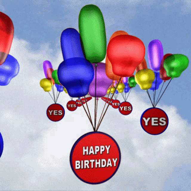 a bunch of colorful balloons with one that says " happy birthday "