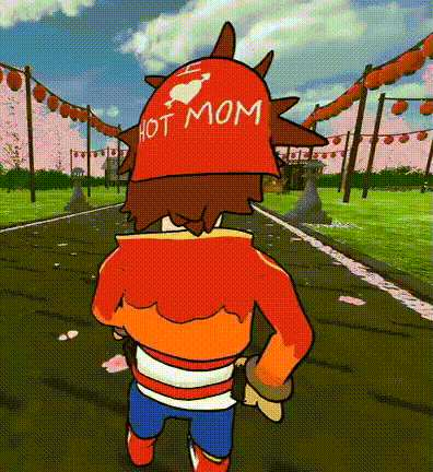 a cartoon character wearing a red hat with hot mom written on it