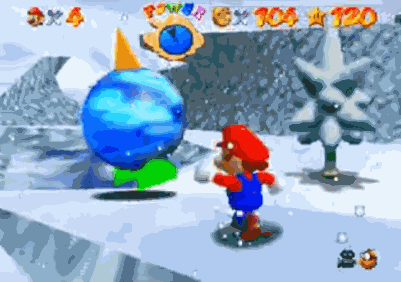 a video game where mario is standing in front of a blue sphere