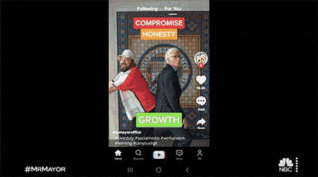 two men are standing next to each other with the words compromise honesty and growth above them