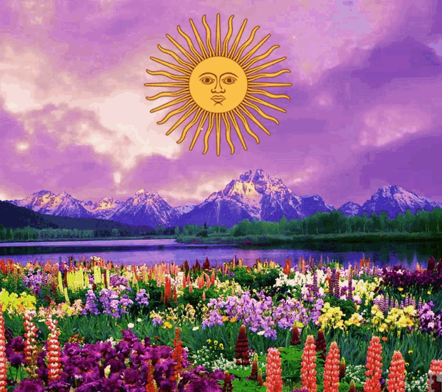 a sun with a face on it is above a field of flowers with mountains in the background