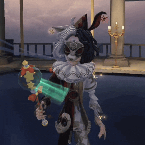a person in a jester costume is holding a sword