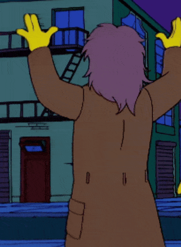 a cartoon character with a beard and yellow face is standing in front of a fire escape