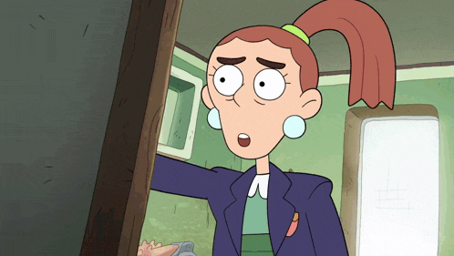 a cartoon character with a surprised look on her face is standing next to a refrigerator