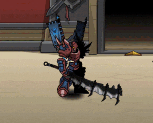 a cartoon character is holding a large sword and a flag with the letter b on it
