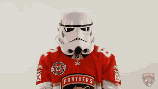 a person wearing a storm trooper helmet and a florida panthers jersey