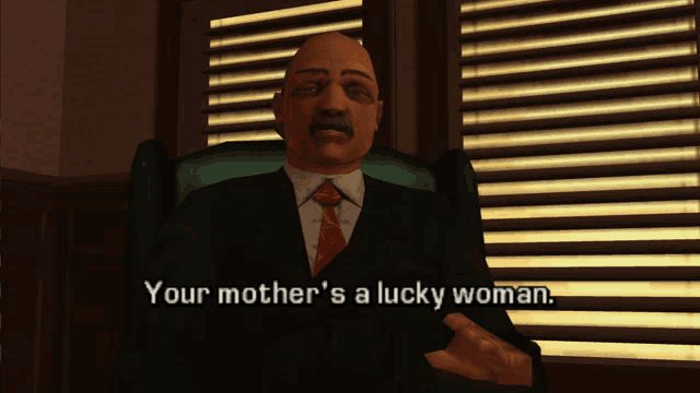 a man in a suit and tie is sitting in front of a window with blinds and says your mother 's a lucky woman