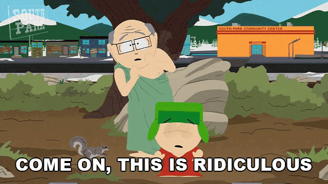 a cartoon character says come on this is ridiculous in front of a south park community center