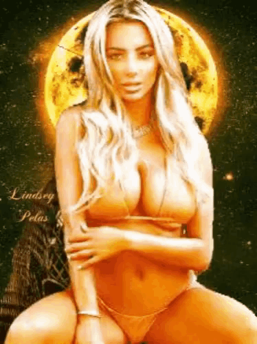a woman in a bikini is sitting in front of a full moon with the name lindsey pelas on the bottom right