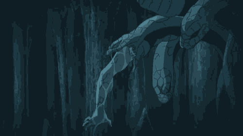 a cartoon of a man being attacked by a snake in a cave .