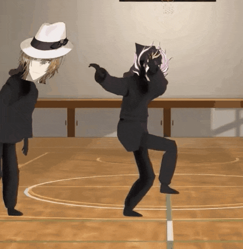 a man in a white hat is standing next to a man in a black suit on a basketball court