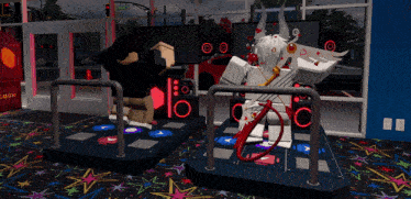 a video game is being played in a room with a bag that says demon on it