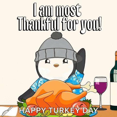 a penguin is holding a turkey and a glass of wine and says i am most thankful for you